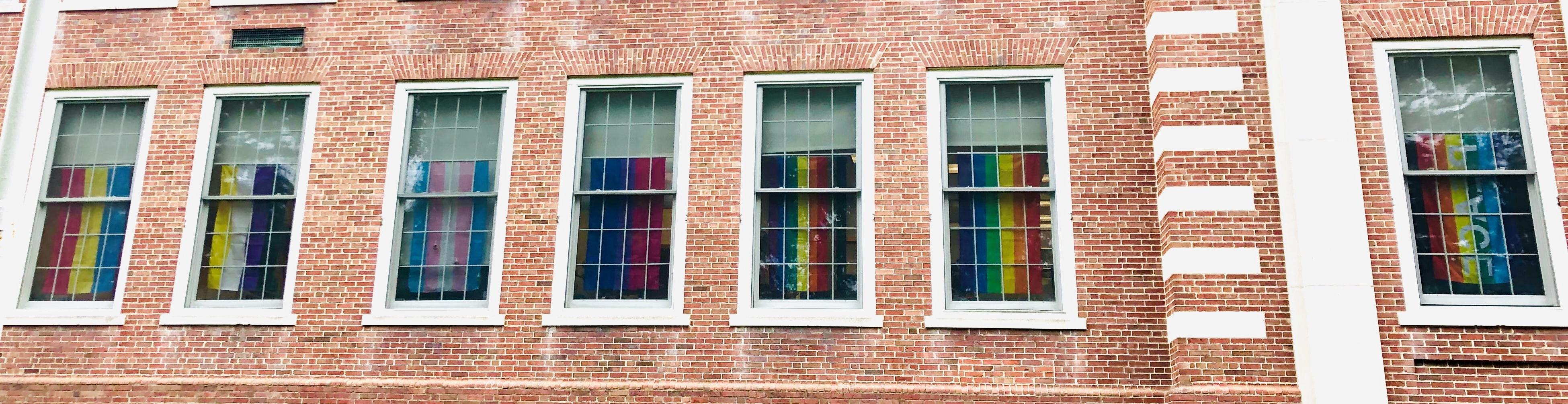 人力资源窗口中的lgbtq骄傲旗帜. 从左到右:彩虹平安, 彩虹, 费城的骄傲, 双性恋, 变性人, 非, 同理